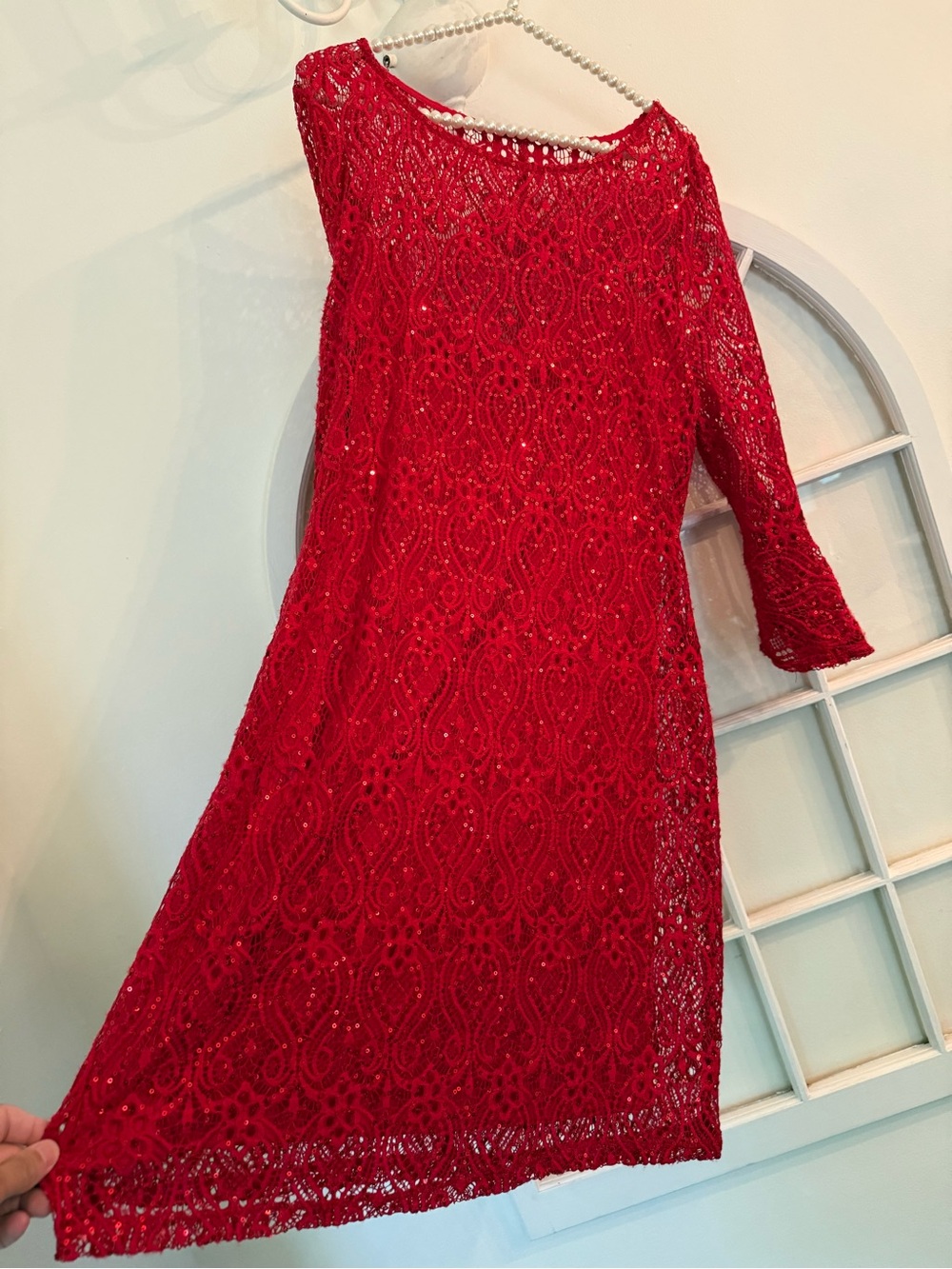 RN Studio Ronni Nicole Red Sequin Lace Shift Dress Petite 16P Bell Sleeve